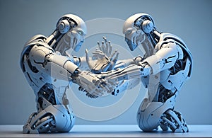 Two robot hands as michelangelo's creation of adam 3d rendering