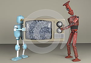 Two robot holding televizion, 3d, render