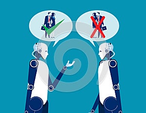 Two robot talking about human. Concept business vector illustration. Automation technology