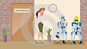 Two Robot Wait Job Interview in Office Corridor