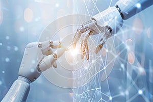 Two robotic hands reaching towards each other in a network of futuristic light on digital interface. Generative AI. photo