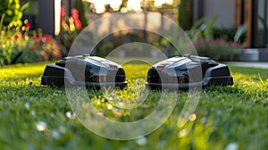 Two Robotic Lawn Mowers in the Grass