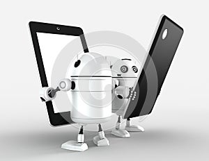 Two robots with blank tablet computers