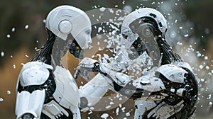 Two robots are fighting each other with snow falling around them, AI