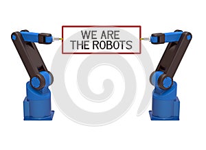 Two robots holding board with text