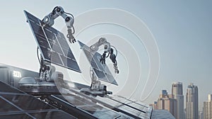 Two robots installing solar panels with a cityscape in the background, showcasing renewable energy and advanced robotics.