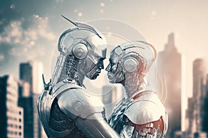 Two robots in love, a couple. Artificial intelligence, digital technology. Digital smart world metaverse. Valentine