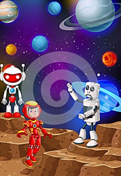 Two Robots And Man In Red Robot Suit in Space Cartoon