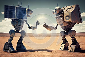 two robots, one powered by solar energy, the other fueled by nuclear power, face off against each other