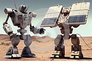 two robots, one powered by solar energy, the other fueled by nuclear power, face off against each other