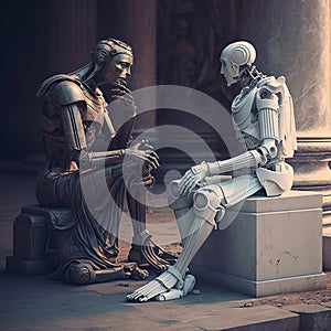 Two Robots Philosophers Engage in A Profound Debate about their Existence and the World around them in a Dystopian Future where photo