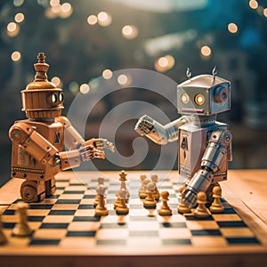 Two robots playing chess on a chess board. Generative AI image.