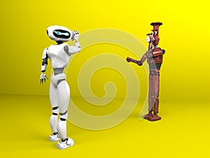 Two robots with tin can phones. 3d render