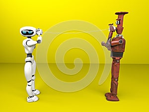 Two robots with tin can phones. 3d render