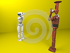 Two robots with tin can phones. 3d render