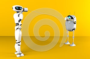 Two robots with tin can phones. 3d render