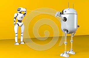 Two robots with tin can phones. 3d render