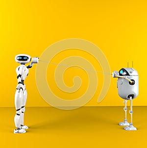 Two robots with tin can phones. 3d render