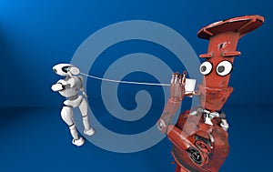 Two robots with tin can phones. 3d render