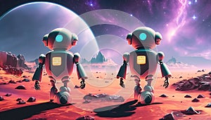 Two robots walk on an exotic planet