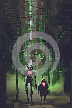 Two robots walking in narrow alley