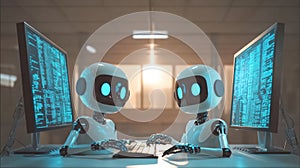 Two robots working on computers with futuristic code
