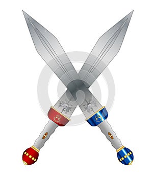 Two Roman Swords Crossed On A White Background