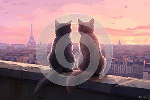 Two romantic cats sitting on the roof and looking at the Eiffel tower during sunrise or sunset, Paris, France