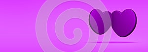 Two Romantic Hearts Banner. Beautiful 2 Heart 3D Shape in Purple Horizontal Background with copy space.