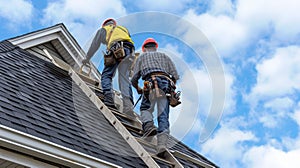 Two roofers climb up a ladder carrying tools and supplies as they prepare to tackle a challenging roof repair job on a photo