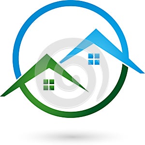 Two roofs, houses, real estate and roofing logo