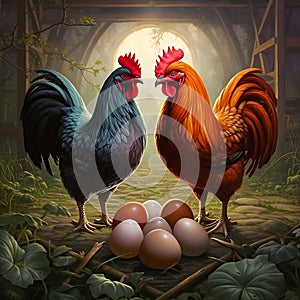 Two rooster hens stand over a nest with eggs, look at each other and are about to fight, competition