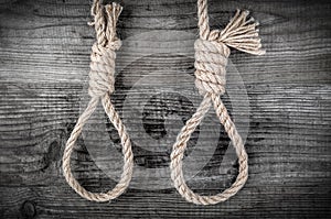 Two rope with noose for suicide on wooden background