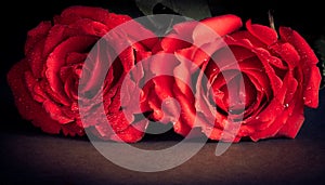 Two roses on black background,old style, valentine day and love concept