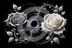 two roses intertwined in the sign of Yin and Yang, isolated on a black background