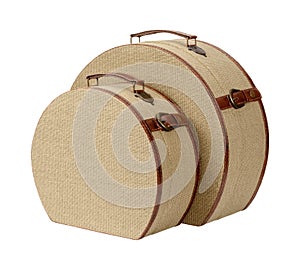 Two Round Deco Burlap Suitcases