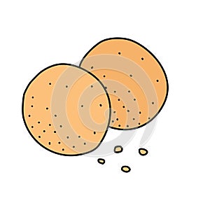 Two round shortbread cookies with crumbs, doodle style vector