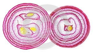 Two round slice of red onion isolated on white background, top view
