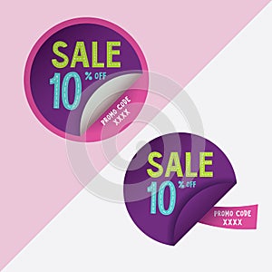 Two round stickers with 10% discount and promo code for web site