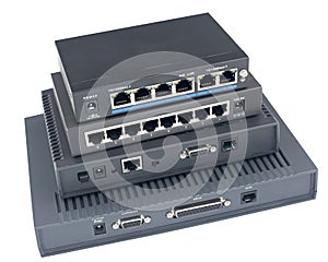 Two routers and two modems n a white