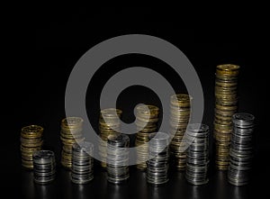 Two rows of coin stacks. Ascending trends. Silver and gold coin stacks. Stacks of various heights. Two