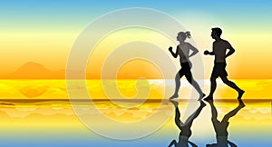 Two runners on the beach, silhouette of people jogging at sunset, healthy lifestyle background
