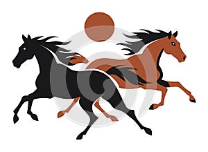Two running horses, one black and one brown, with a stylized sun. Equestrian, freedom concept vector illustration