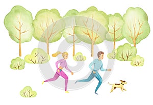 Two running people man and woman on run workout in spring park with green grass, trees. Watercolor