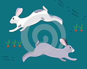 two running rabbits in cartoon style