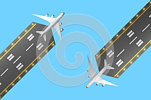 Two runways with passenger aircraft top view