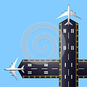 Two runways with passenger aircraft top view