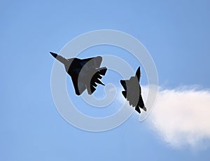Two russian fighters of a new generation T-50 in the sky