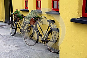 Two rustic bicycles with flower baskets leaning on red and yellow wall