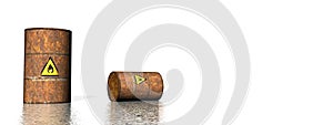 Two rusty barrels with inflammable logo - 3D render